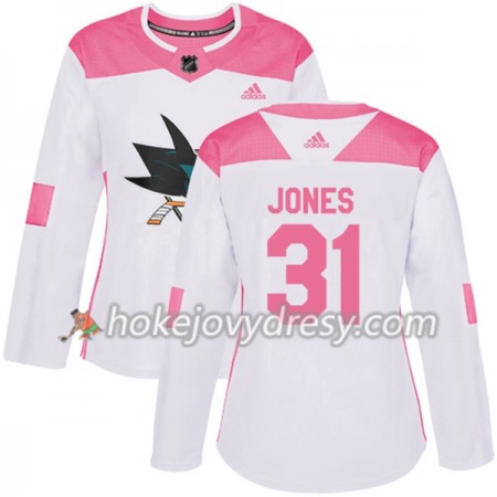 Dámské Hokejový Dres San Jose Sharks Martin Jones 31 Bílá 2017-2018 Adidas Růžová Fashion Authentic